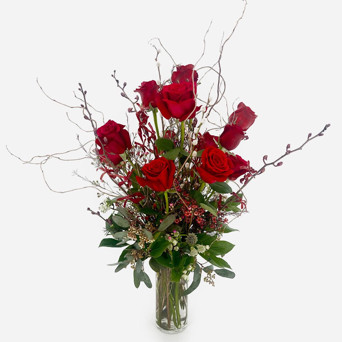 A dozen red rose flower arrangement from Artichokes & Pomegranates Floral Design in Santa Fe